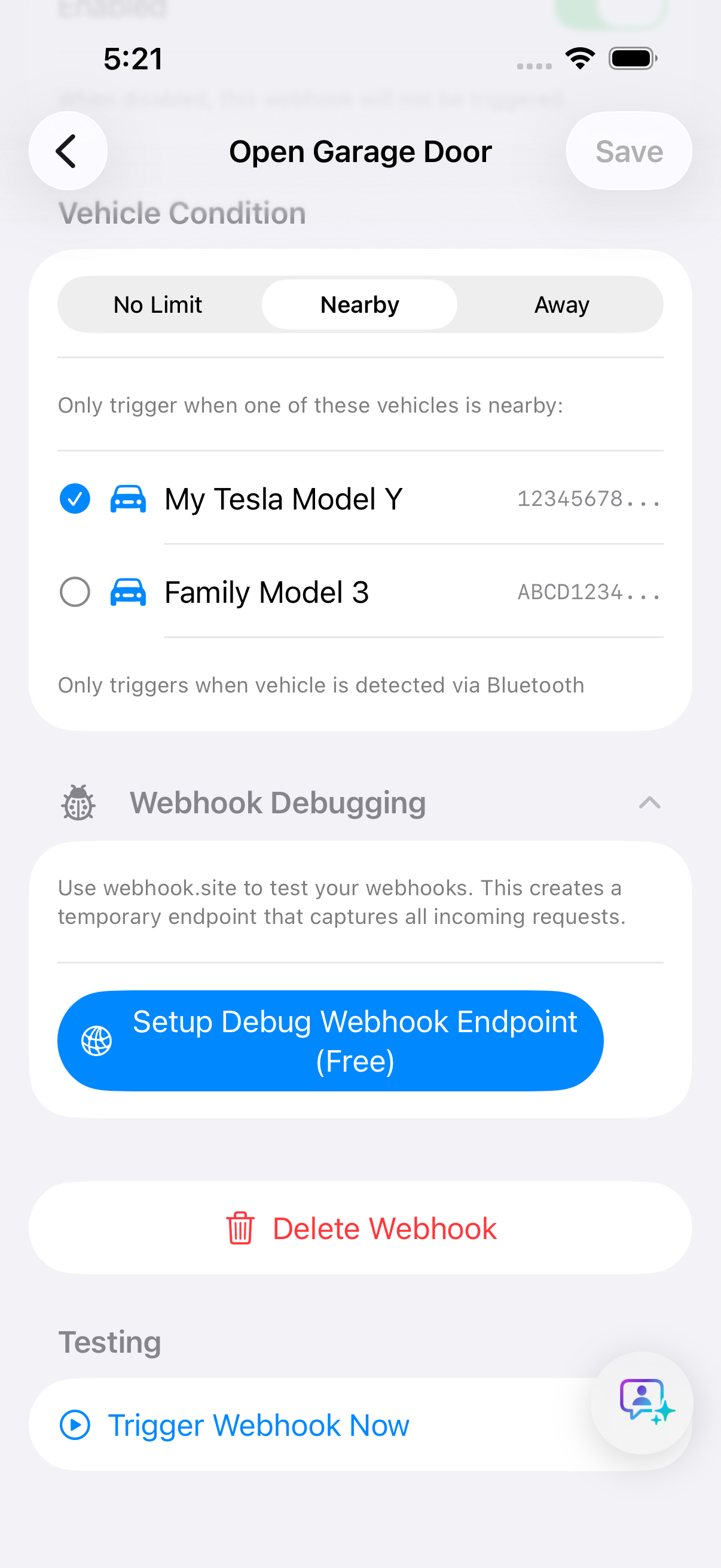 Webhook Screen - Test entry and exit triggers